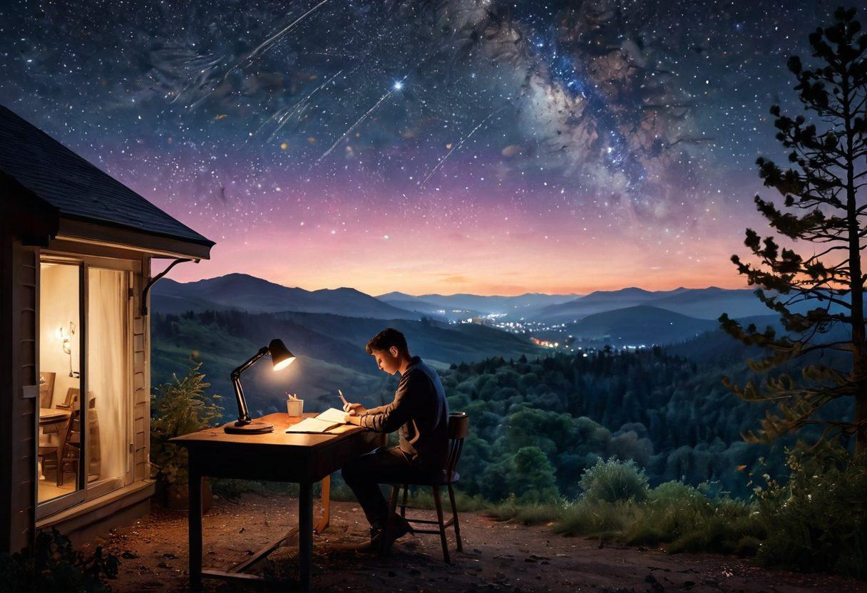 A serene night sky filled with twinkling stars and a person sitting at a cozy desk, writing in a journal, illuminated by soft starlight. A telescope is nearby, symbolizing star observation and connection to the universe. In the background, a community of diverse people gazing at the stars together, representing unity and shared experiences. A dreamy, whimsical atmosphere fills the scene. vibrant colors. soft glow. super-realistic.