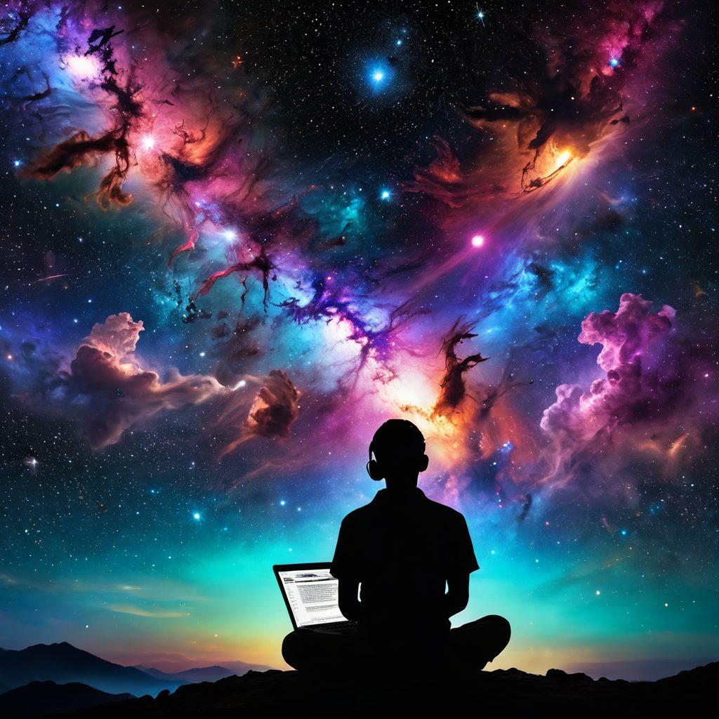 A cosmic scene featuring a stunning galaxy filled with vibrant nebulae in various colors, intertwined with digital elements like a glowing keyboard and a laptop projecting stars into the sky. A silhouette of a person gazing upwards with a notebook in hand, surrounded by celestial bodies. The image evokes a sense of wonder and creativity in space exploration. super-realistic. vibrant colors. 3D.