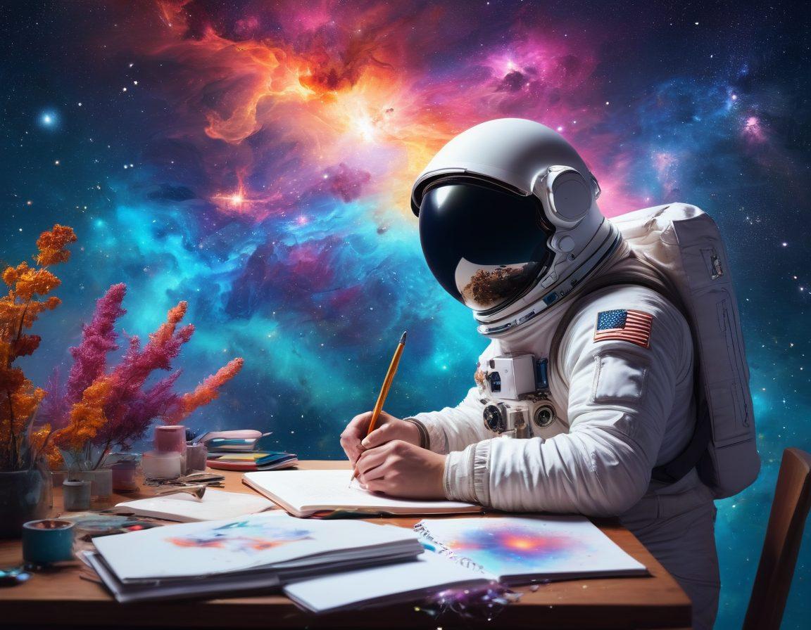 A stunning cosmic landscape featuring an astronaut sketching ideas against a backdrop of colorful nebulae, twinkling stars, and distant galaxies. Include floating art supplies like brushes and notebooks, surrounded by swirling constellations that represent creative thoughts. Incorporate vibrant colors to evoke inspiration and wonder. surrealistic. vibrant colors. 3D.